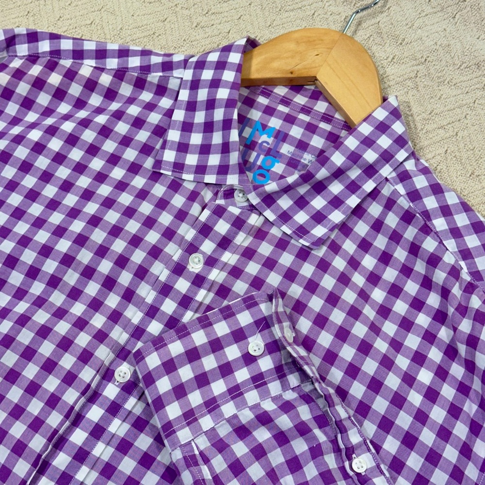J Mclaughlin Shirt Men's XL Purple Cotton Gingham Plaid Check Button Up Dress